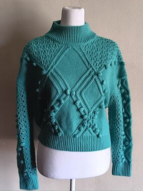 Rock & Roll Denim, Teal Textured Pom-Pom, Loose Knit Boxy Sweater Sz Small